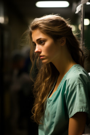 A young female doctor looking sad in a hospital hallwayの素材