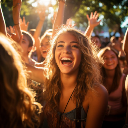 Ecstatic Blonde Woman at a Concert with Friendsの素材