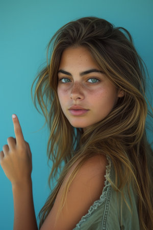 Portrait of a beautiful young woman with freckles and blue eyesの素材