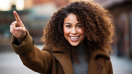 Portrait of a young woman with curly hair smiling and pointingの素材
