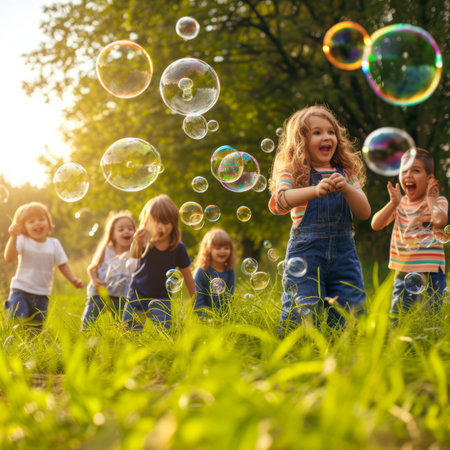 Happy children playing with soap bubbles in the parkの素材