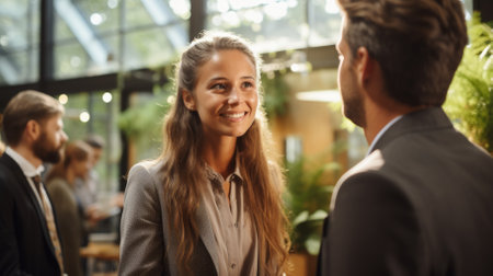 Business professionals in discussion at a networking eventの素材