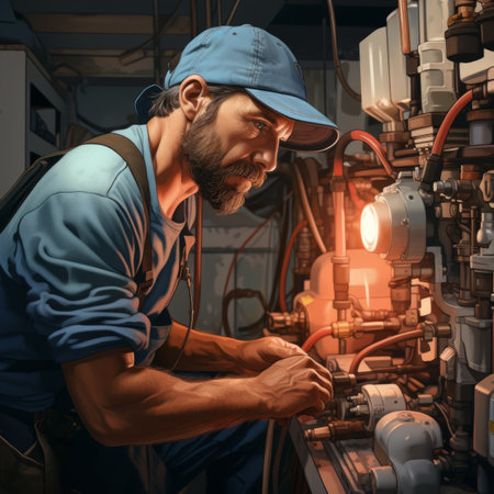 A man in a blue cap and blue overalls is working on a machine.の素材