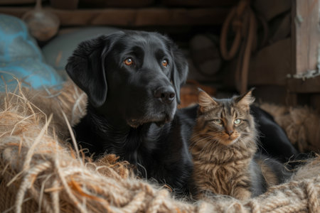 A black dog and a tabby cat are lying in a barn on a bed of hay.の素材