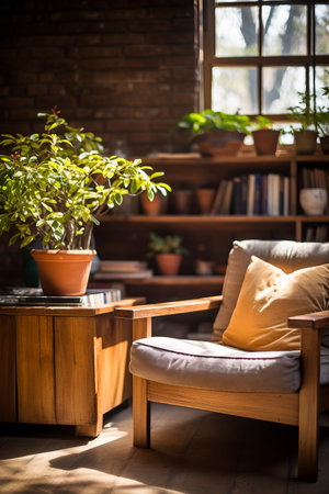 A wooden chair sits in a sunlit room with a potted plant and bookshelves.の素材