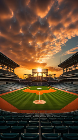 An empty baseball stadium at sunsetの素材