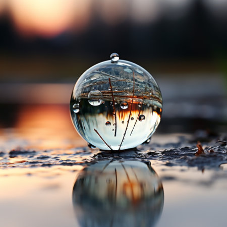 Close-up of a water droplet on a leaf with a reflection of the sky and treesの素材