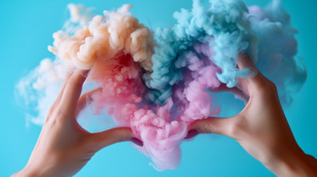 Two hands cupping a colorful smoke heartの素材