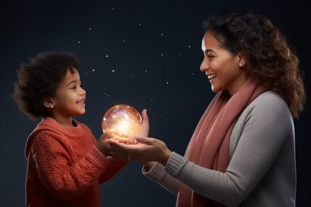 Mother and daughter holding a glowing ball of light in their handsの素材