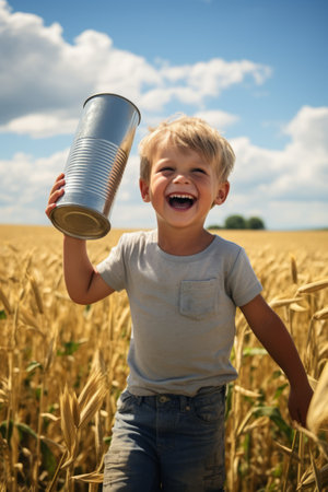 Happy boy playing in a wheat fieldの素材