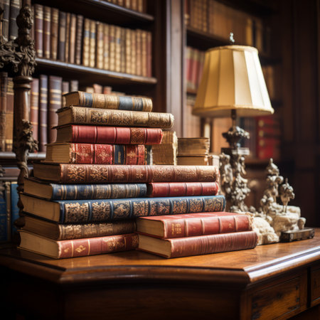 A stack of old books on a wooden table in a library with a lamp on the sideの素材