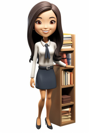 3D illustration of a young businesswoman in formal clothes standing by a bookshelfの素材