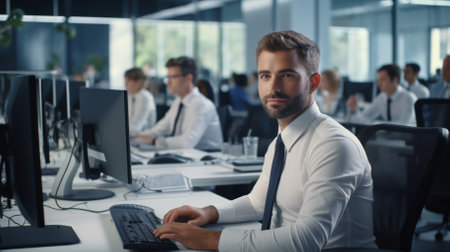 Confident businessman working on computer in busy officeの素材