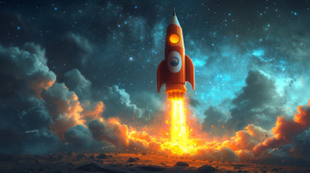 Rocket ship launching into spaceの素材