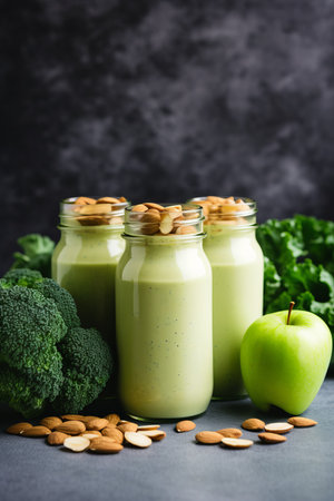 Three green smoothies in glass jars with broccoli, apple and almonds on a gray tableの素材
