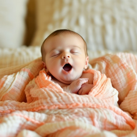 newborn baby girl sleeping wrapped in a pink and white blanketの素材