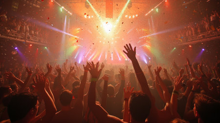 Crowd of People Dancing at a Rave with Their Hands Raised in the Airの素材