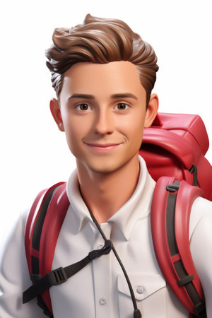 Young man with brown hair and brown eyes wearing a white shirt and red backpackの素材