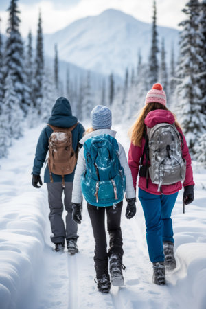 Three people snowshoeing in the woodsの素材
