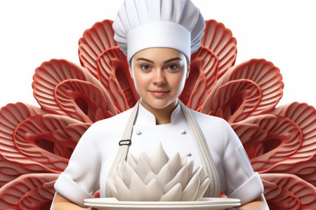 Portrait of a young female chef in a white chef's hat and jacket, holding a plate with a flower-shaped garnishの素材