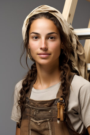 Portrait of a young woman wearing a beige headscarf and brown overallsの素材