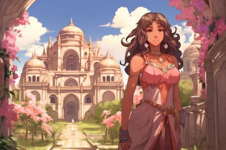 An illustration of a brown-skinned woman in a pink and white outfit standing in front of a large building with pink flowers in the foregroundの素材