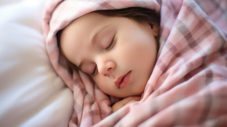 A sleeping child is wrapped in a pink blanketの素材