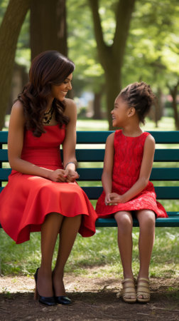 A mother and her daughter are sitting on a bench in a park, both wearing red dresses and smiling at each otherの素材