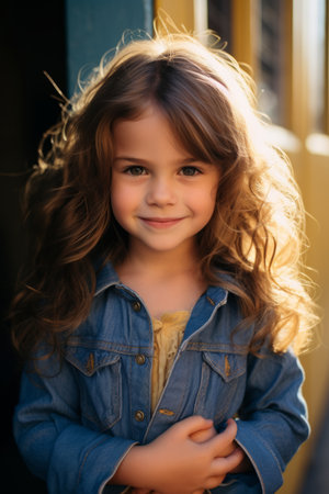 Portrait of a smiling young girl with long brown hair wearing a blue jean jacketの素材