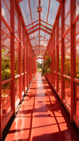 Red architectural glass greenhouse with plantsの素材