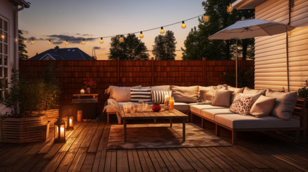 Modern and cozy backyard with wooden deck, comfortable sofa, and beautiful lightingの素材