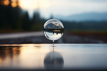 Transparent water drop with reflection of landscape insideの素材