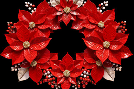 Red poinsettia flowers with white berries and green leaves on black backgroundの素材