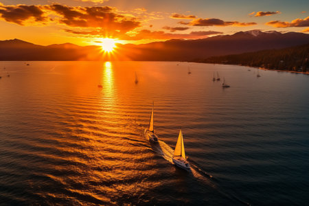 Two sailboats on the lake at sunset with mountains in the distanceの素材