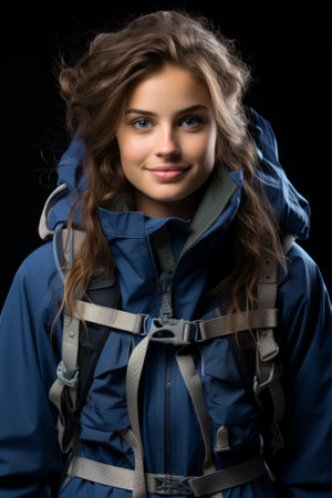 portrait of a young woman wearing a blue raincoat and a backpackの素材