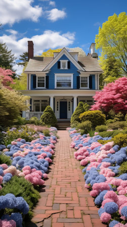 A charming blue house with a brick pathway and a colorful gardenの素材