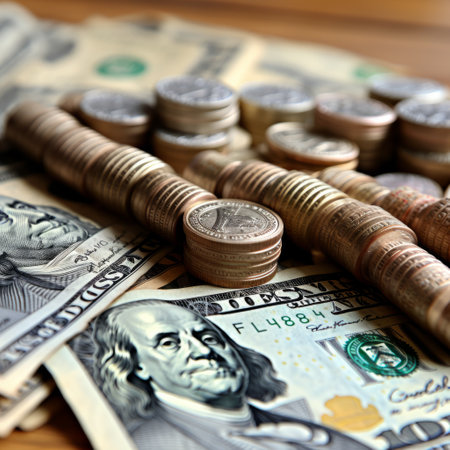 Stacks of American hundred dollar bills and penniesの素材