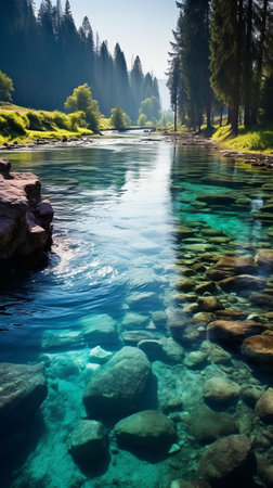 clear river flowing through a rocky landscape with green trees on the banksの素材