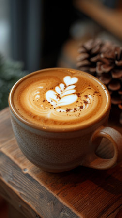 Cappuccino with beautiful latte art in a ceramic cup on a wooden tableの素材