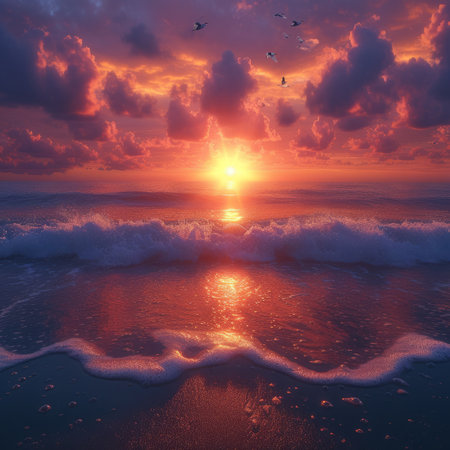 Beautiful sunset over the ocean with a wave coming towards the shoreの素材