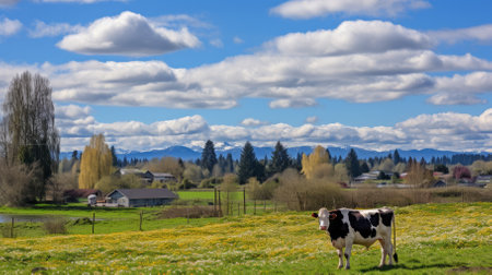 cow grazing in a lush green field with a beautiful mountain landscape in the distanceの素材