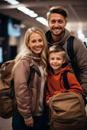 Happy family of three at the airport ready to travelの素材