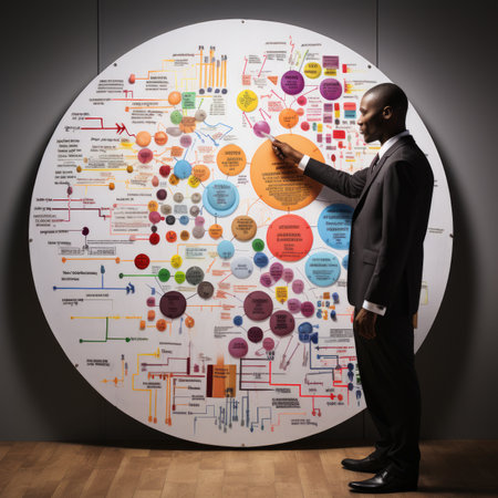 A businessman in a suit stands next to a large circular diagram.の素材