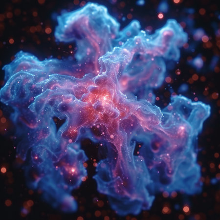 Blue and purple abstract nebula with bright red core and glowing red particlesの素材