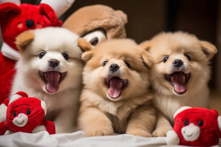 Three happy puppies with red and brown teddy bearsの素材