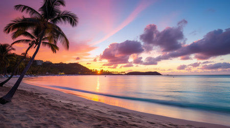 Beach at sunset with palm trees and pink cloudsの素材