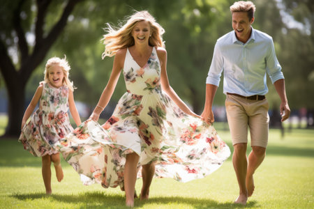 Happy family of three running in a fieldの素材