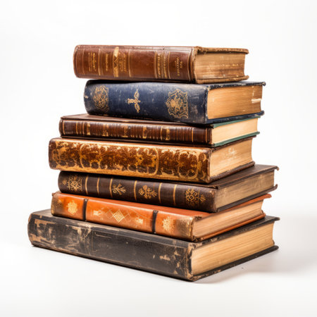 Stack of old antique vintage retro books isolated on white backgroundの素材