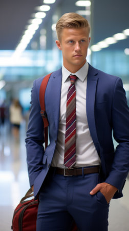 Young professional man with blond hair wearing a blue suit and striped tie standing in an airportの素材