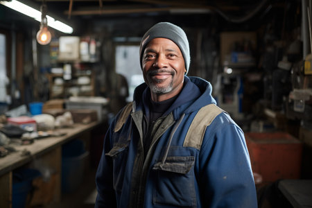 Portrait of a Black Man Wearing a Beanie in a Workshopの素材